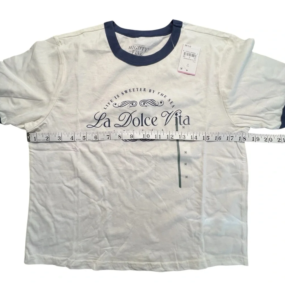 Mighty Fine La Dolce Vita Graphic Ringer Tee Sz M White/Navy - Picture 7 of 7